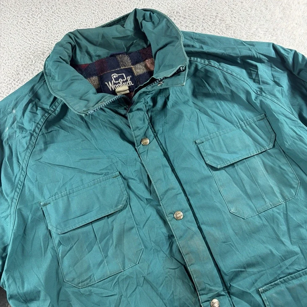 VINTAGE Woolrich Field Coat Jacket Mens Large Green Flannel Lined Pockets Chore‎